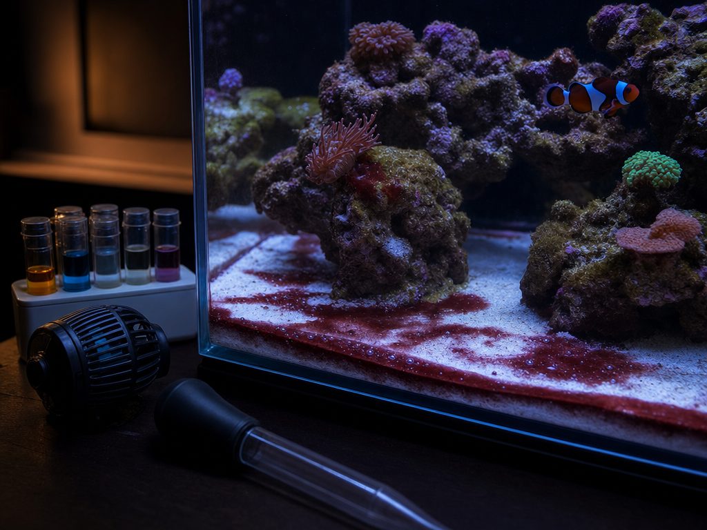 Reef aquarium with dark red cyanobacteria mats on the sand and rocks, with a powerhead, baster and test vials beside the tank