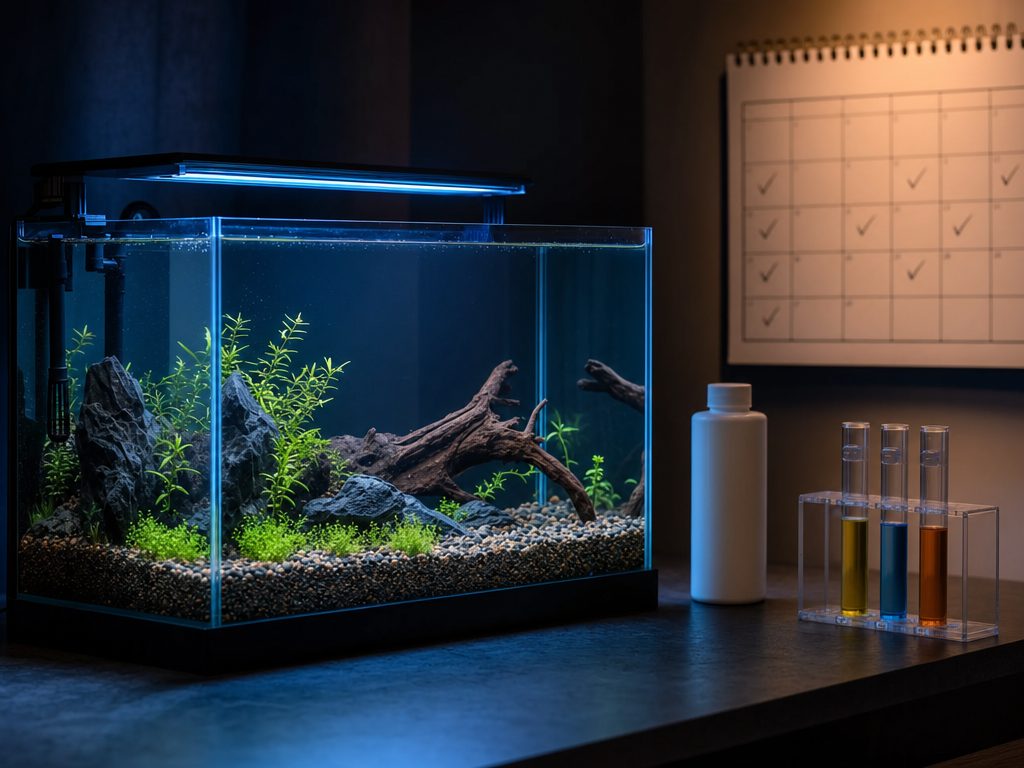 Newly set up planted aquarium with no fish yet, a bacteria starter bottle, test vials and a calendar of check marks
