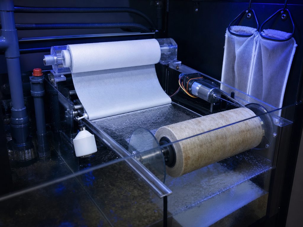Automatic fleece roller in an aquarium sump, with clean fleece on one spool and dirty fleece on the take-up spool