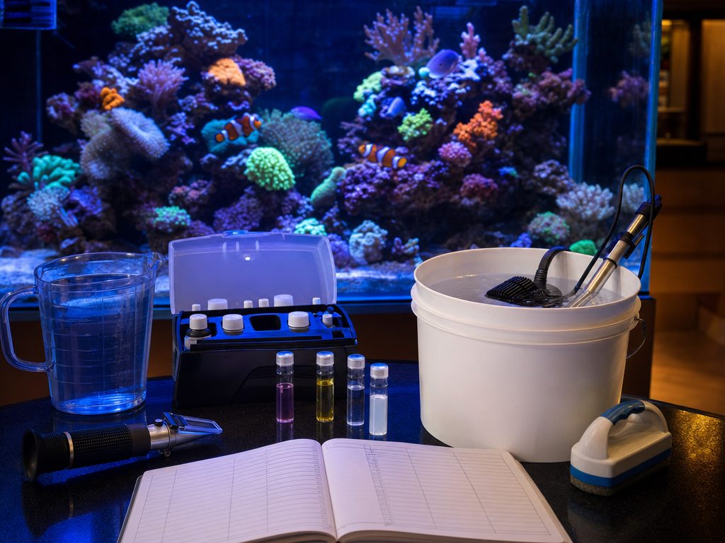 Healthy reef aquarium with a refractometer, reef test kits, magnetic glass cleaner and a bucket of mixed saltwater ready for a water change