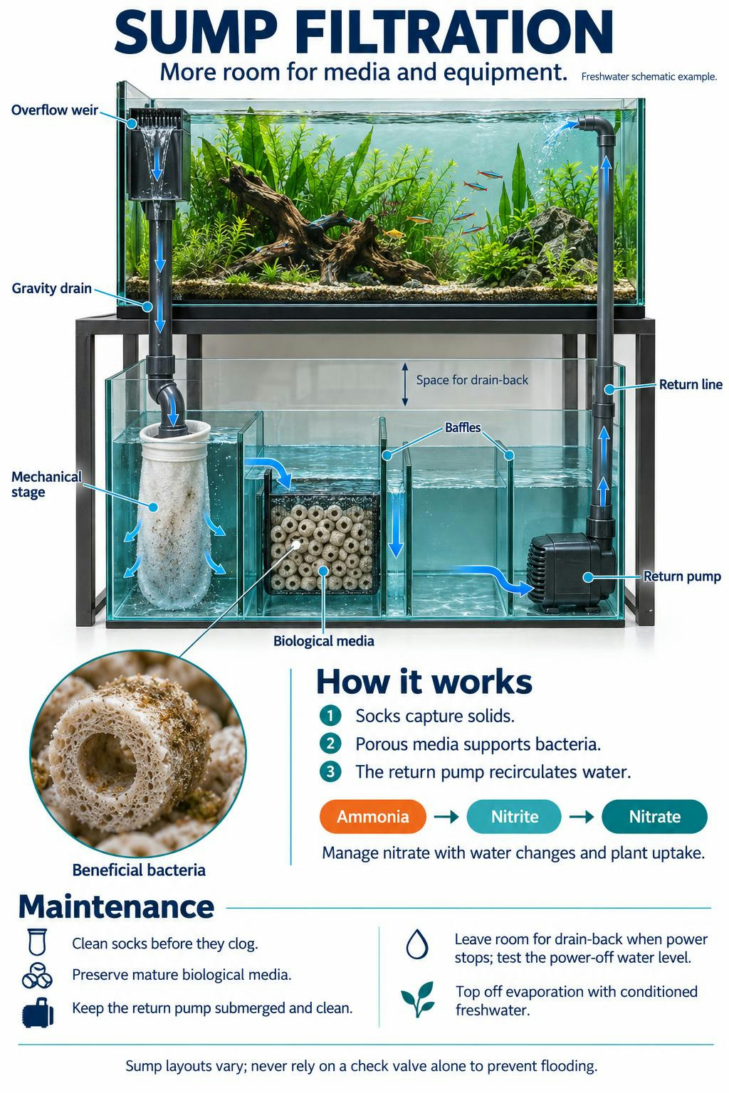 Sump aquarium filtration system diagram for a planted freshwater aquarium