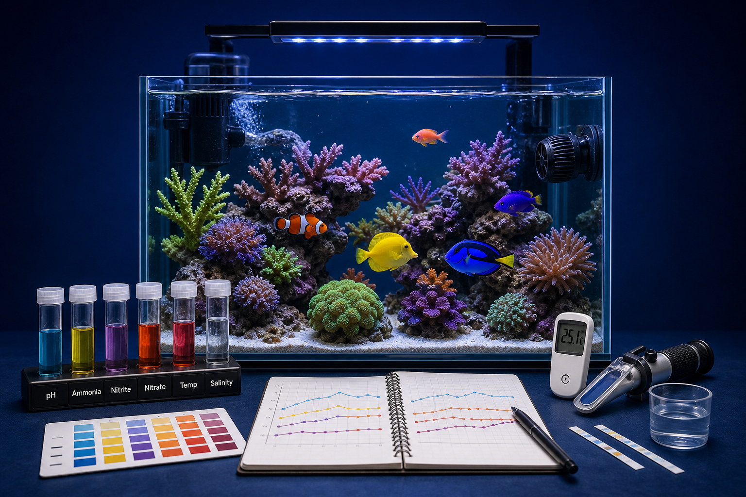 Aquarium parameter testing dashboard illustration