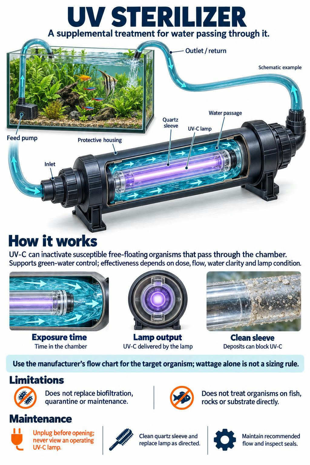 UV sterilizer aquarium system diagram showing UV-C lamp, quartz sleeve, flow path, and return plumbing